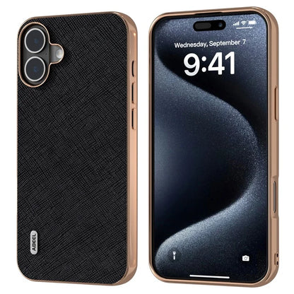 ABEEL For iPhone 16 Plus Case Electroplating Phone Cover Cross Texture Genuine Cow Leather+TPU Protective Case