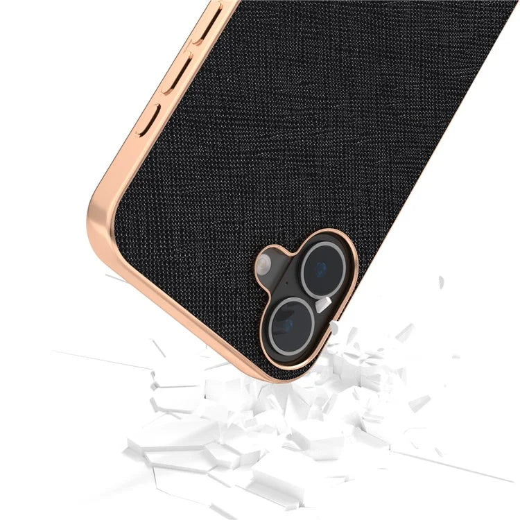 ABEEL For iPhone 16 Plus Case Electroplating Phone Cover Cross Texture Genuine Cow Leather+TPU Protective Case