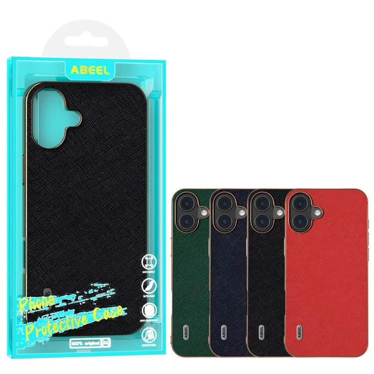 ABEEL For iPhone 16 Plus Case Electroplating Phone Cover Cross Texture Genuine Cow Leather+TPU Protective Case
