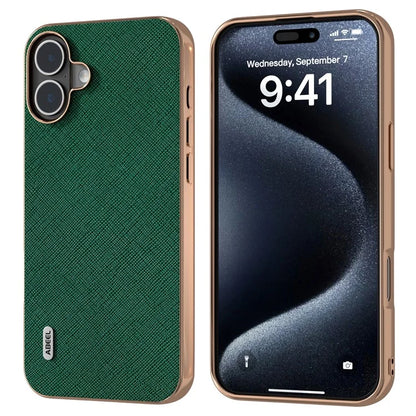 ABEEL For iPhone 16 Plus Case Electroplating Phone Cover Cross Texture Genuine Cow Leather+TPU Protective Case