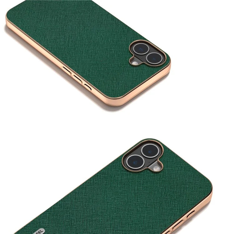 ABEEL For iPhone 16 Plus Case Electroplating Phone Cover Cross Texture Genuine Cow Leather+TPU Protective Case