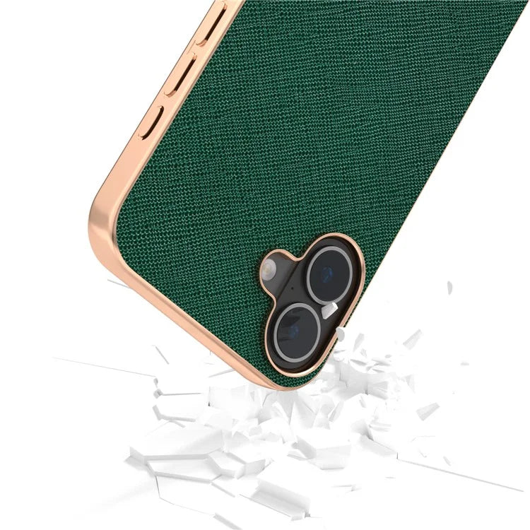 ABEEL For iPhone 16 Plus Case Electroplating Phone Cover Cross Texture Genuine Cow Leather+TPU Protective Case