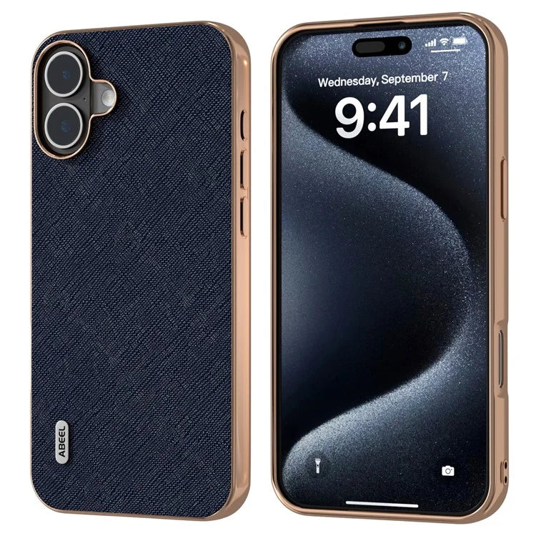 ABEEL For iPhone 16 Plus Case Electroplating Phone Cover Cross Texture Genuine Cow Leather+TPU Protective Case