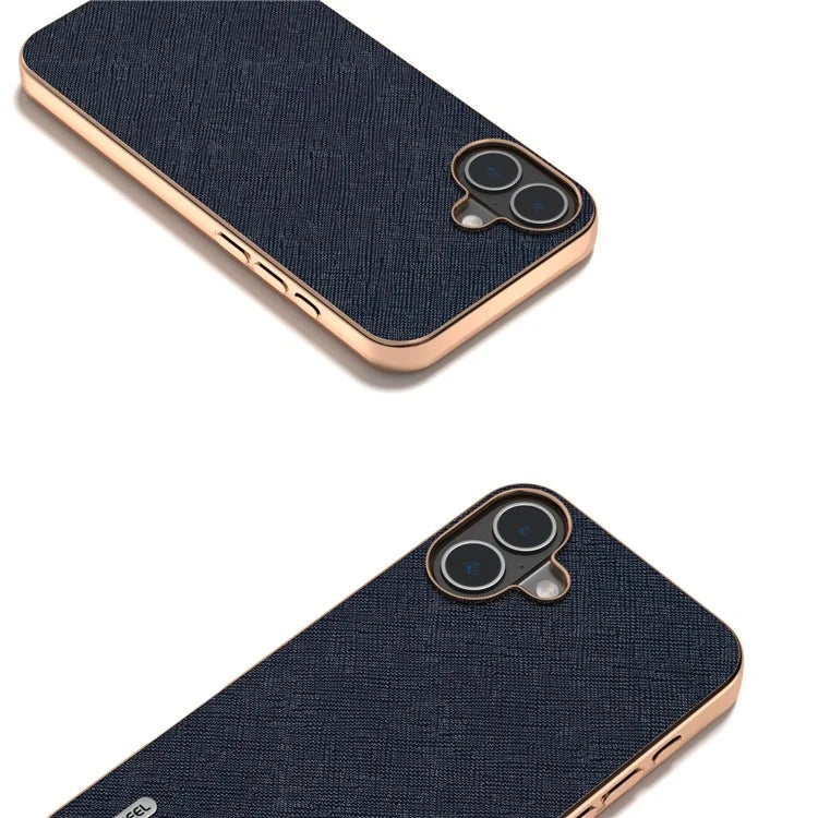 ABEEL For iPhone 16 Plus Case Electroplating Phone Cover Cross Texture Genuine Cow Leather+TPU Protective Case