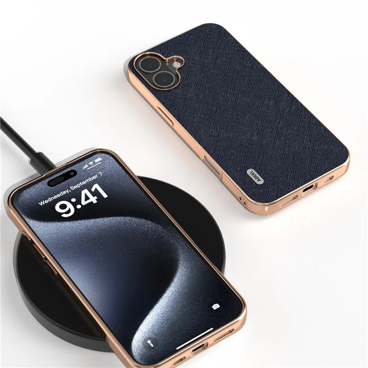 ABEEL For iPhone 16 Plus Case Electroplating Phone Cover Cross Texture Genuine Cow Leather+TPU Protective Case