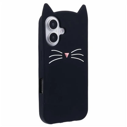For iPhone 16 Silicone Case 3D Moustache Cat Protective Phone Cover