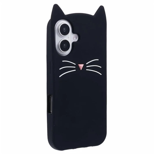 For iPhone 16 Plus Silicone Case 3D Moustache Cat Protective Phone Cover