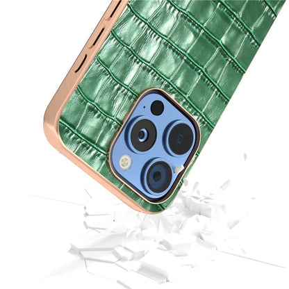 ABEEL For iPhone 16 Pro Max Case Electroplating Phone Cover Crocodile Texture Genuine Cow Leather+TPU Protective Case