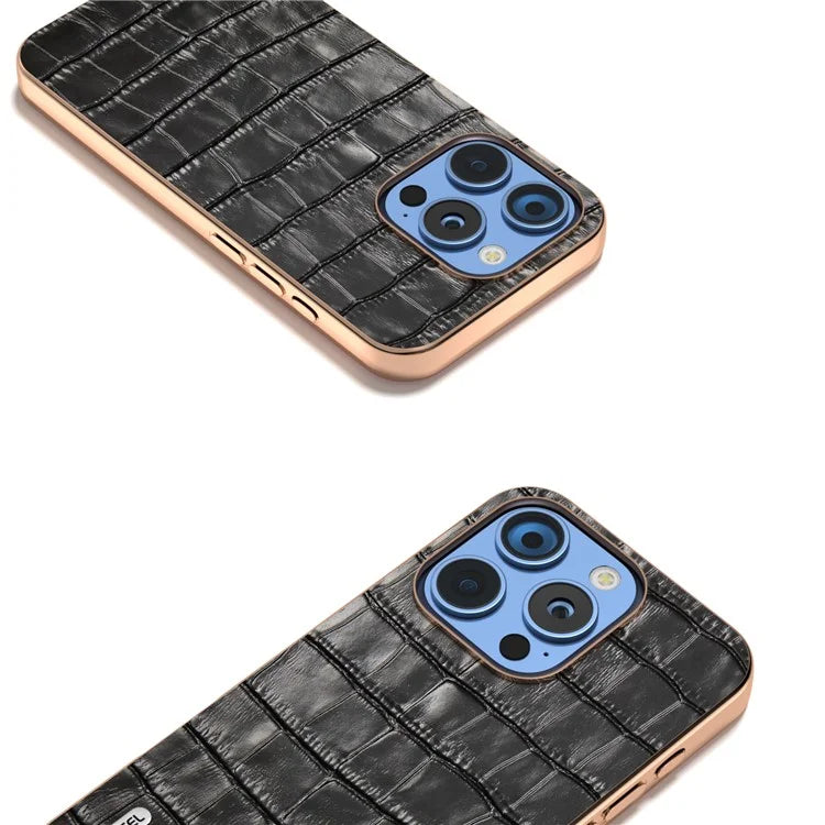 ABEEL For iPhone 16 Pro Max Case Electroplating Phone Cover Crocodile Texture Genuine Cow Leather+TPU Protective Case