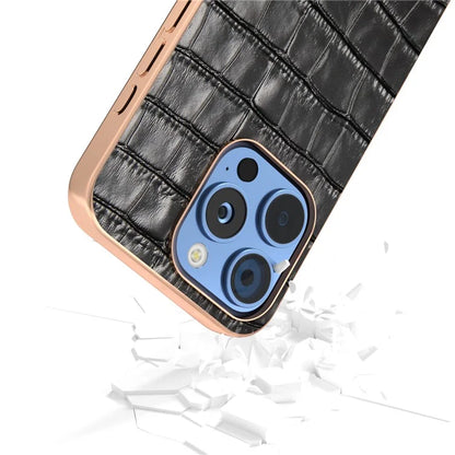 ABEEL For iPhone 16 Pro Max Case Electroplating Phone Cover Crocodile Texture Genuine Cow Leather+TPU Protective Case