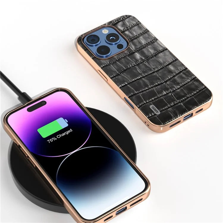 ABEEL For iPhone 16 Pro Max Case Electroplating Phone Cover Crocodile Texture Genuine Cow Leather+TPU Protective Case