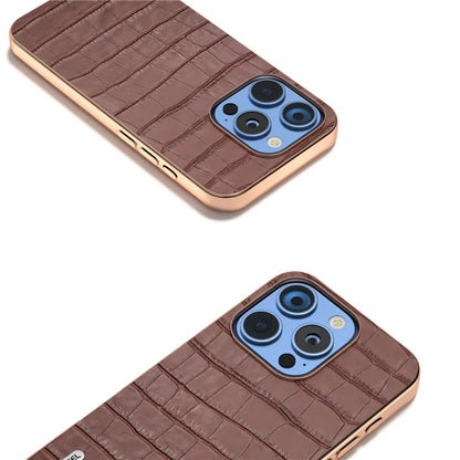 ABEEL For iPhone 16 Pro Max Case Electroplating Phone Cover Crocodile Texture Genuine Cow Leather+TPU Protective Case