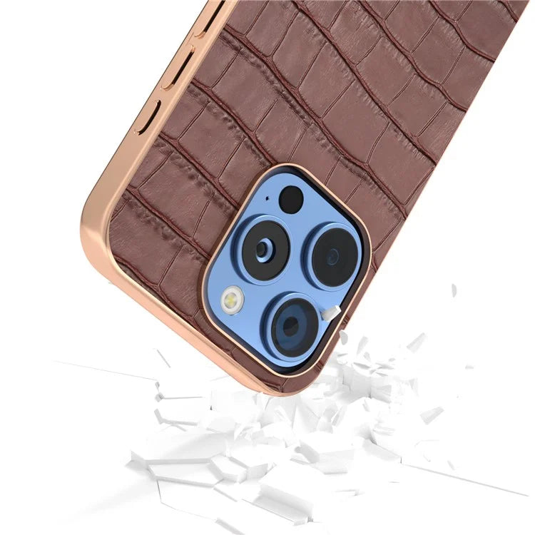 ABEEL For iPhone 16 Pro Max Case Electroplating Phone Cover Crocodile Texture Genuine Cow Leather+TPU Protective Case