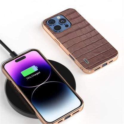 ABEEL For iPhone 16 Pro Max Case Electroplating Phone Cover Crocodile Texture Genuine Cow Leather+TPU Protective Case