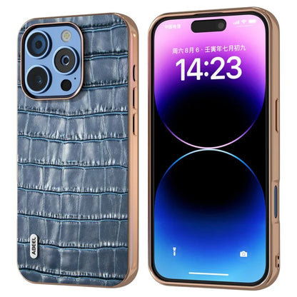 ABEEL For iPhone 16 Pro Max Case Electroplating Phone Cover Crocodile Texture Genuine Cow Leather+TPU Protective Case