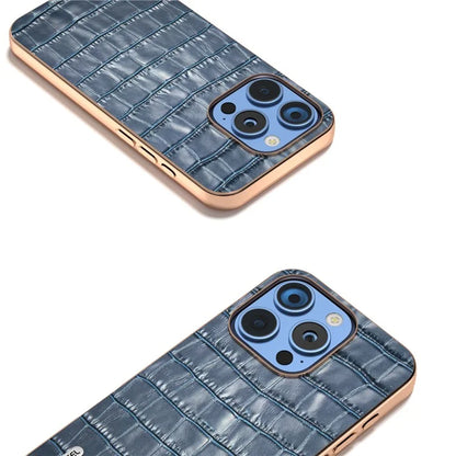 ABEEL For iPhone 16 Pro Max Case Electroplating Phone Cover Crocodile Texture Genuine Cow Leather+TPU Protective Case
