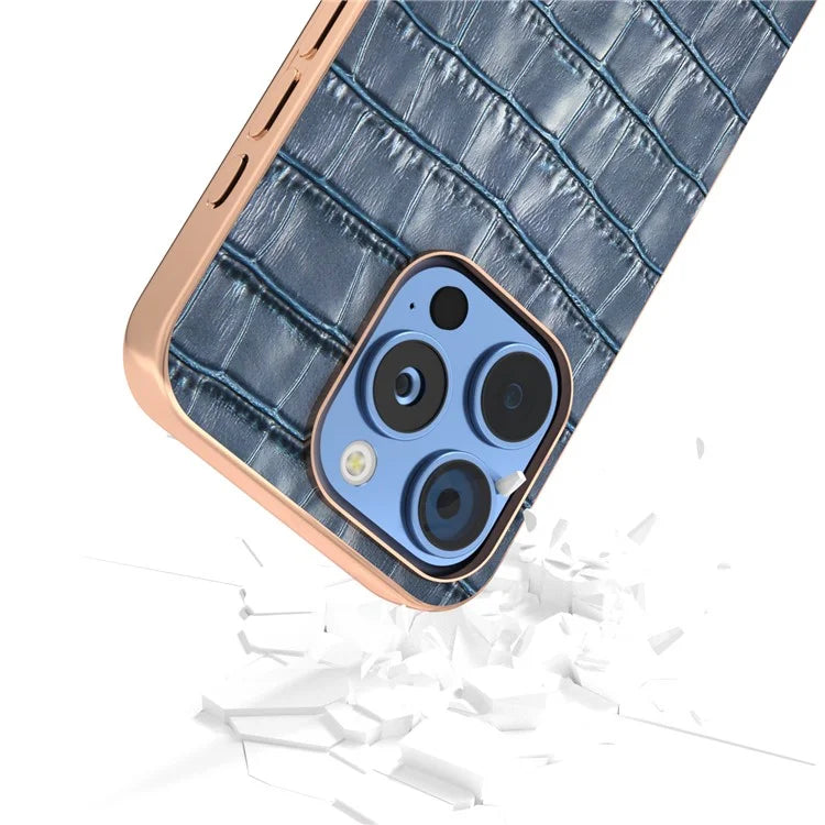 ABEEL For iPhone 16 Pro Max Case Electroplating Phone Cover Crocodile Texture Genuine Cow Leather+TPU Protective Case