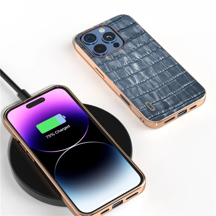 ABEEL For iPhone 16 Pro Max Case Electroplating Phone Cover Crocodile Texture Genuine Cow Leather+TPU Protective Case