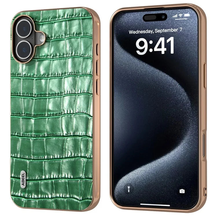 ABEEL For iPhone 16 Plus Case Electroplating Phone Cover Crocodile Texture Genuine Cow Leather+TPU Protective Case