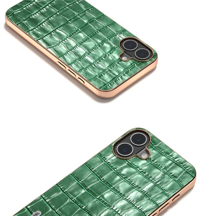 ABEEL For iPhone 16 Plus Case Electroplating Phone Cover Crocodile Texture Genuine Cow Leather+TPU Protective Case