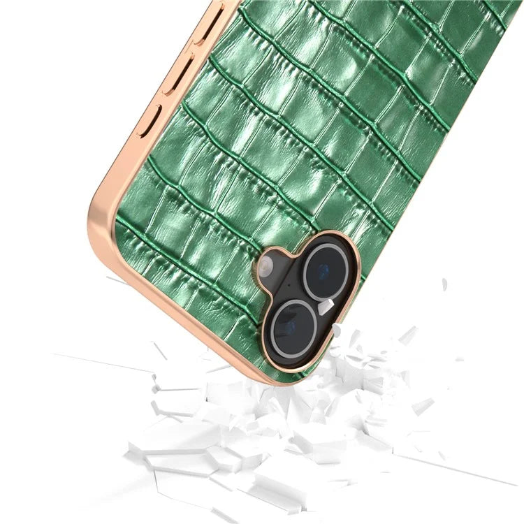 ABEEL For iPhone 16 Plus Case Electroplating Phone Cover Crocodile Texture Genuine Cow Leather+TPU Protective Case