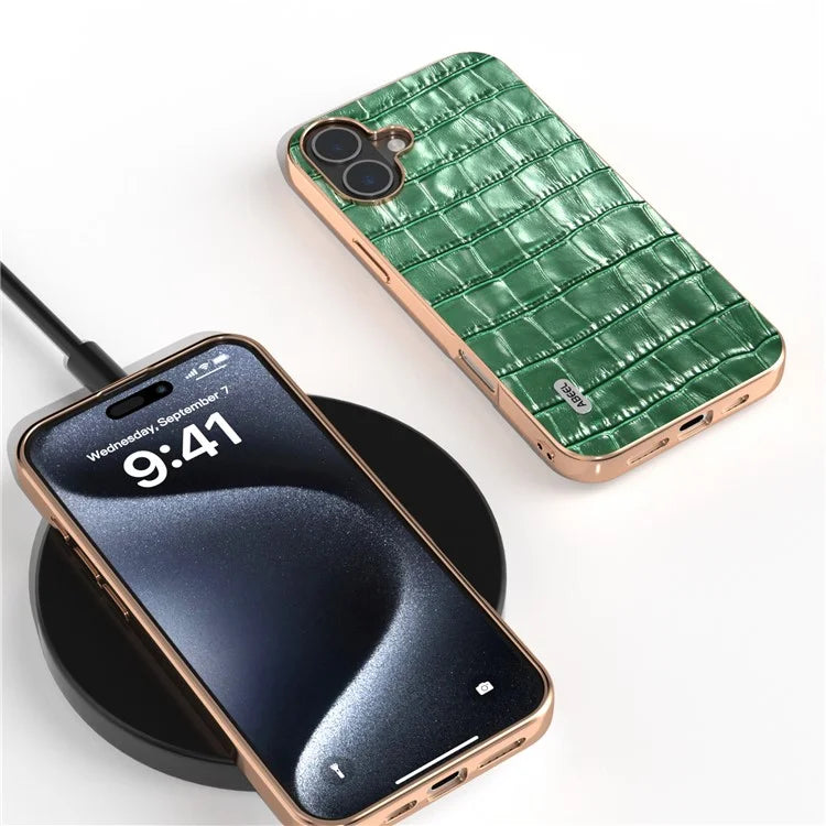 ABEEL For iPhone 16 Plus Case Electroplating Phone Cover Crocodile Texture Genuine Cow Leather+TPU Protective Case