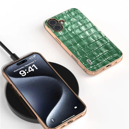 ABEEL For iPhone 16 Plus Case Electroplating Phone Cover Crocodile Texture Genuine Cow Leather+TPU Protective Case