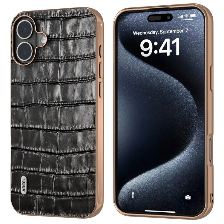 ABEEL For iPhone 16 Plus Case Electroplating Phone Cover Crocodile Texture Genuine Cow Leather+TPU Protective Case