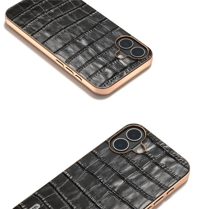 ABEEL For iPhone 16 Plus Case Electroplating Phone Cover Crocodile Texture Genuine Cow Leather+TPU Protective Case