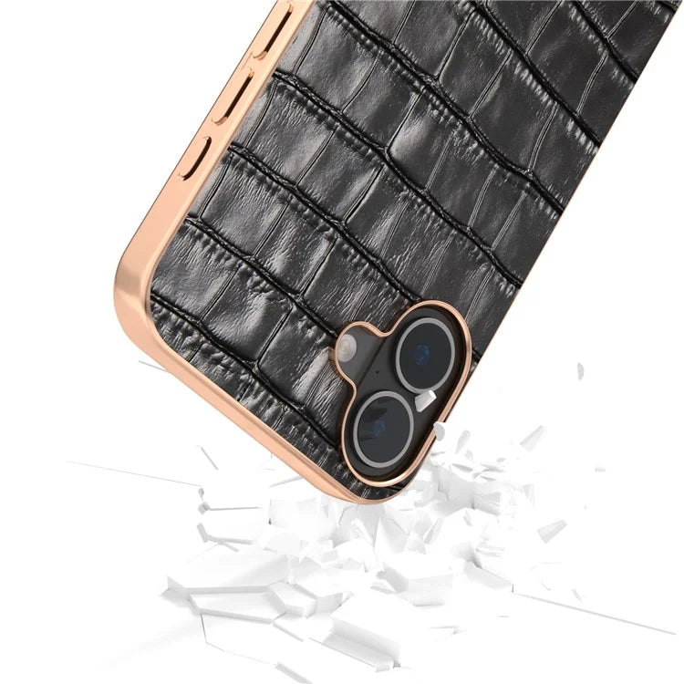 ABEEL For iPhone 16 Plus Case Electroplating Phone Cover Crocodile Texture Genuine Cow Leather+TPU Protective Case