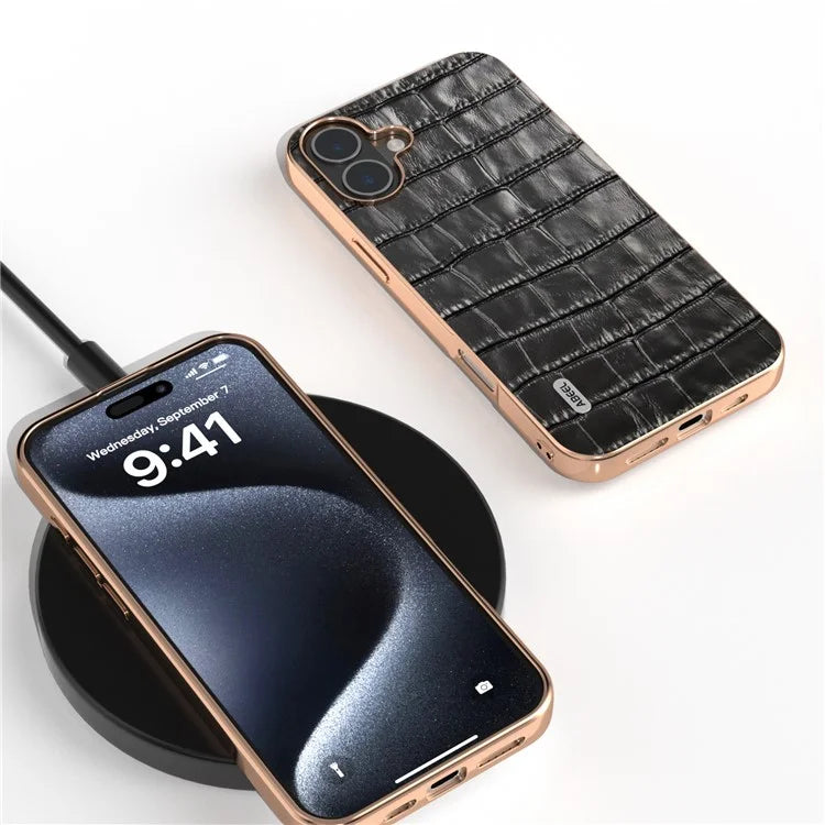 ABEEL For iPhone 16 Plus Case Electroplating Phone Cover Crocodile Texture Genuine Cow Leather+TPU Protective Case