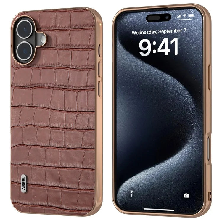 ABEEL For iPhone 16 Plus Case Electroplating Phone Cover Crocodile Texture Genuine Cow Leather+TPU Protective Case