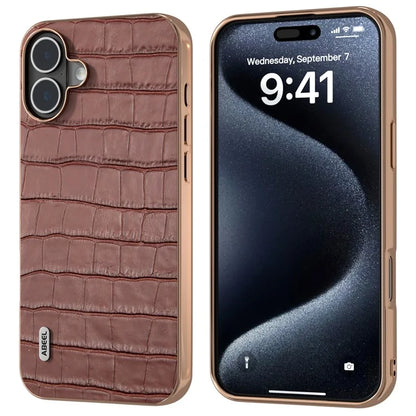 ABEEL For iPhone 16 Plus Case Electroplating Phone Cover Crocodile Texture Genuine Cow Leather+TPU Protective Case