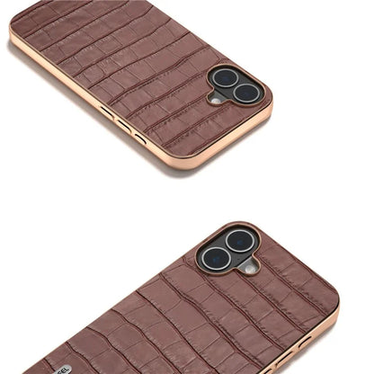ABEEL For iPhone 16 Plus Case Electroplating Phone Cover Crocodile Texture Genuine Cow Leather+TPU Protective Case