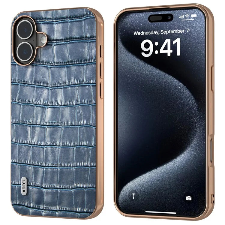 ABEEL For iPhone 16 Plus Case Electroplating Phone Cover Crocodile Texture Genuine Cow Leather+TPU Protective Case