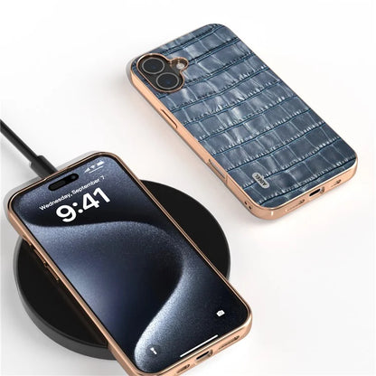 ABEEL For iPhone 16 Plus Case Electroplating Phone Cover Crocodile Texture Genuine Cow Leather+TPU Protective Case