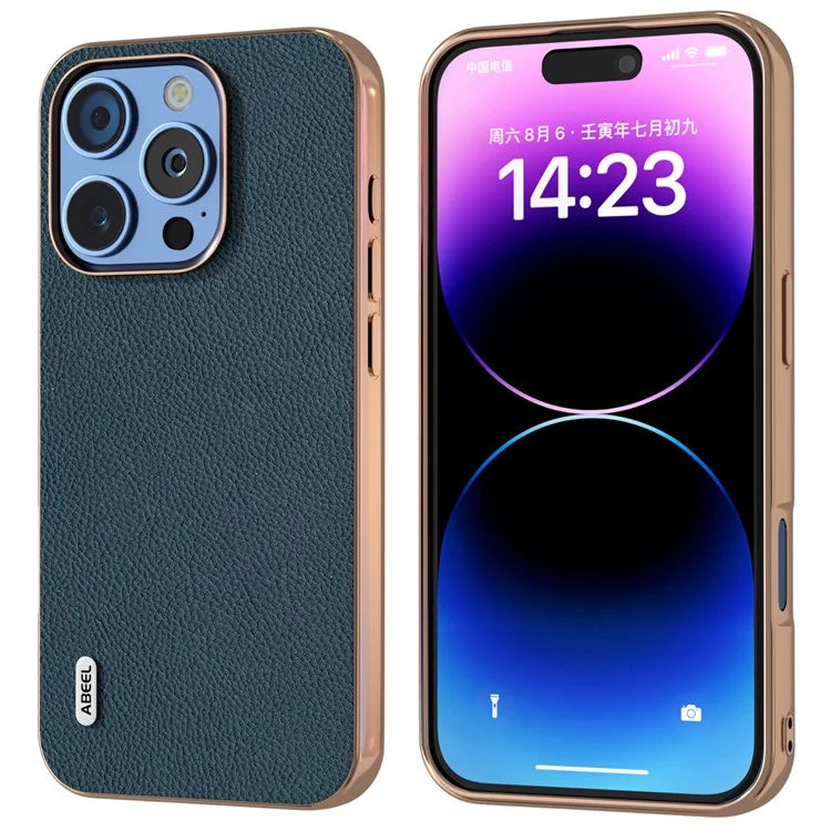 ABEEL For iPhone 16 Pro Max Case Electroplating Phone Cover Horizon Series Genuine Cow Leather+TPU Protective Case