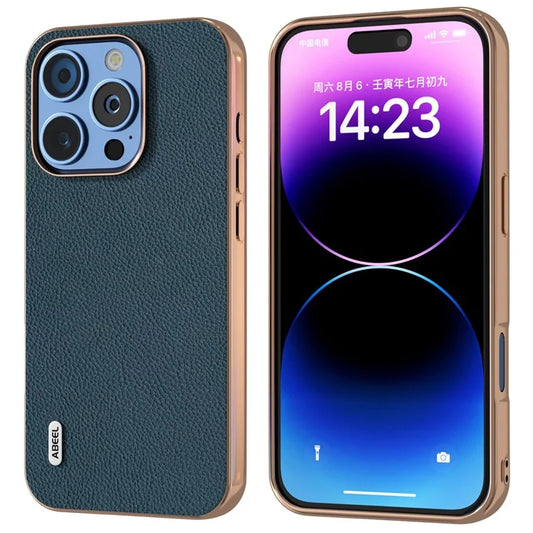 ABEEL For iPhone 16 Pro Max Case Electroplating Phone Cover Horizon Series Genuine Cow Leather+TPU Protective Case