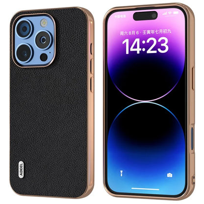 ABEEL For iPhone 16 Pro Max Case Electroplating Phone Cover Horizon Series Genuine Cow Leather+TPU Protective Case