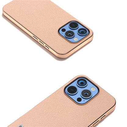 ABEEL For iPhone 16 Pro Max Case Electroplating Phone Cover Horizon Series Genuine Cow Leather+TPU Protective Case