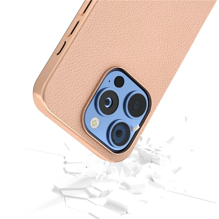 ABEEL For iPhone 16 Pro Max Case Electroplating Phone Cover Horizon Series Genuine Cow Leather+TPU Protective Case