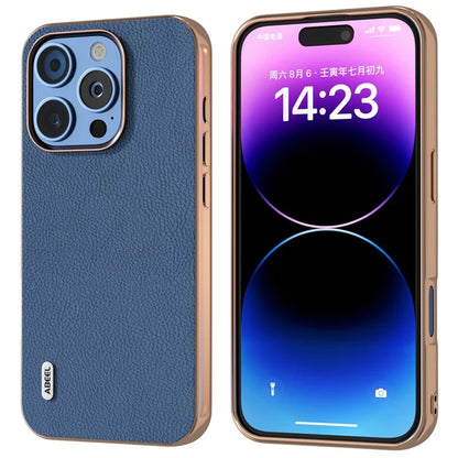 ABEEL For iPhone 16 Pro Max Case Electroplating Phone Cover Horizon Series Genuine Cow Leather+TPU Protective Case