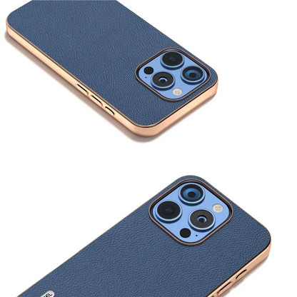 ABEEL For iPhone 16 Pro Max Case Electroplating Phone Cover Horizon Series Genuine Cow Leather+TPU Protective Case