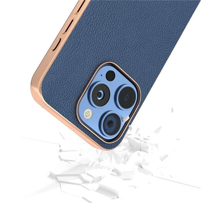 ABEEL For iPhone 16 Pro Max Case Electroplating Phone Cover Horizon Series Genuine Cow Leather+TPU Protective Case