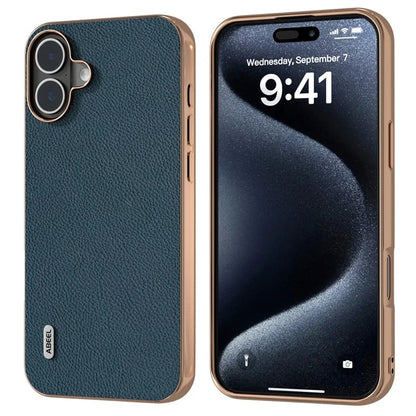 ABEEL For iPhone 16 Case Electroplating Phone Cover Horizon Series Genuine Cow Leather+TPU Protective Case