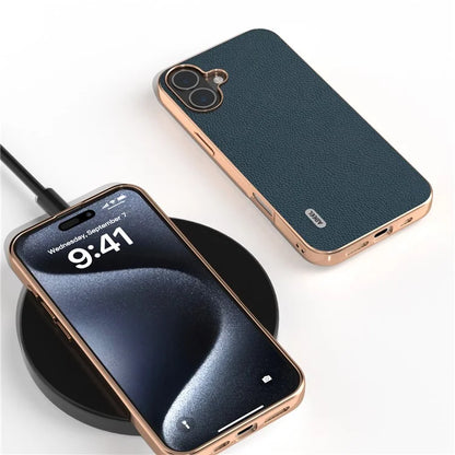 ABEEL For iPhone 16 Case Electroplating Phone Cover Horizon Series Genuine Cow Leather+TPU Protective Case