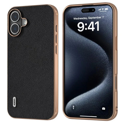 ABEEL For iPhone 16 Case Electroplating Phone Cover Horizon Series Genuine Cow Leather+TPU Protective Case