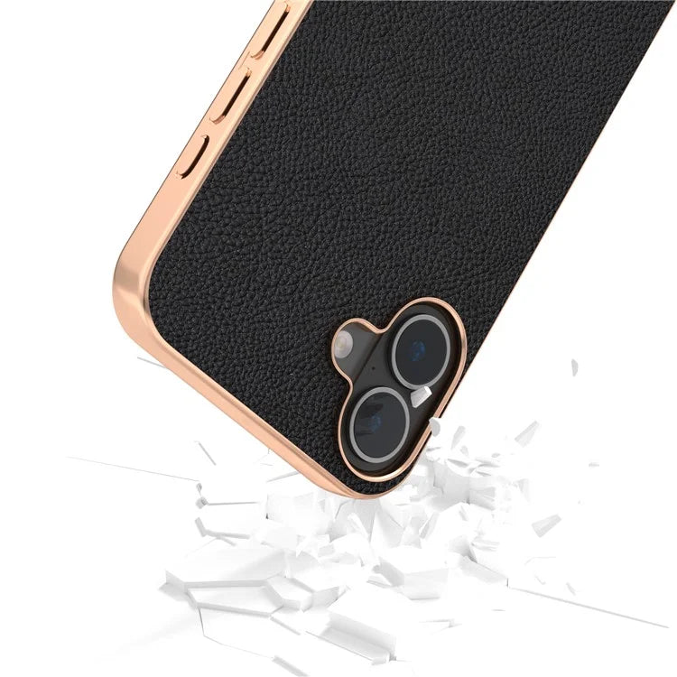 ABEEL For iPhone 16 Case Electroplating Phone Cover Horizon Series Genuine Cow Leather+TPU Protective Case