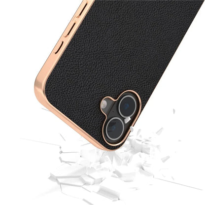 ABEEL For iPhone 16 Case Electroplating Phone Cover Horizon Series Genuine Cow Leather+TPU Protective Case