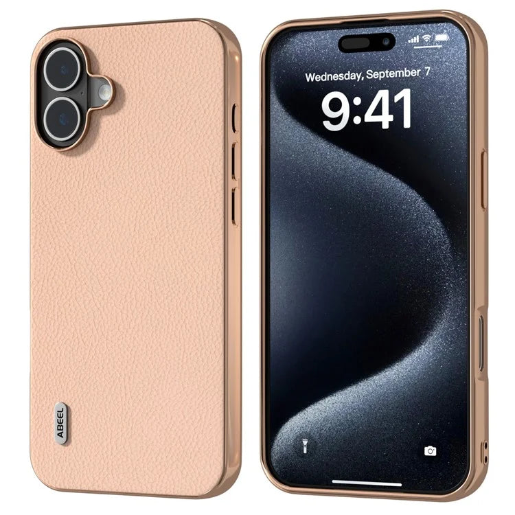 ABEEL For iPhone 16 Case Electroplating Phone Cover Horizon Series Genuine Cow Leather+TPU Protective Case